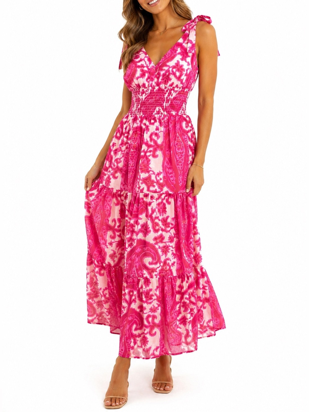 La Plage Pink Tropical Print Tie-Shoulder Maxi Dress Size Small Summer Dress